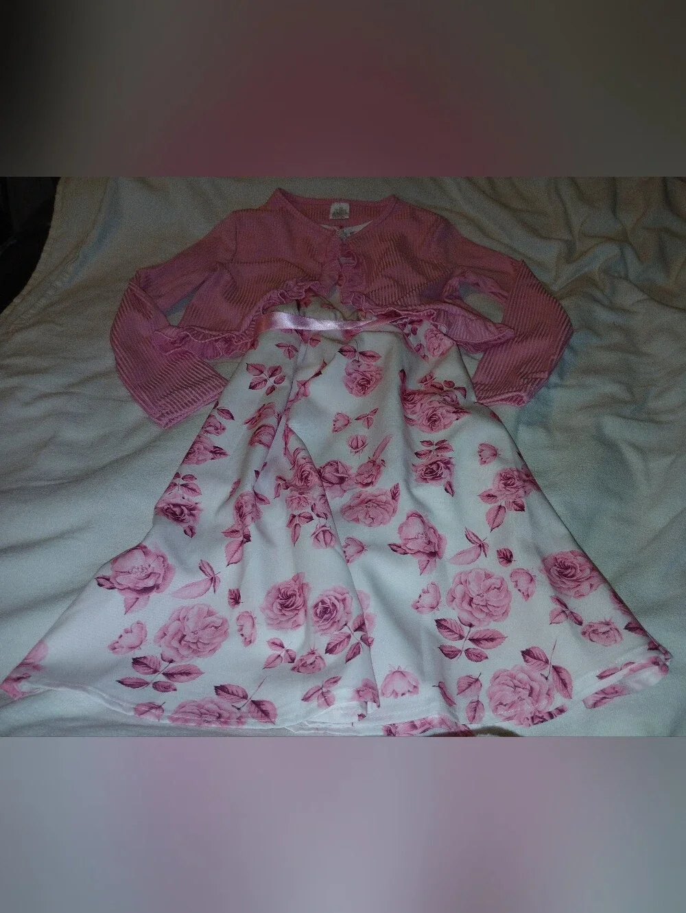 NWT Girl's Pink Floral Satin Ribbon Dress with Pink Ruffle Cardigan.